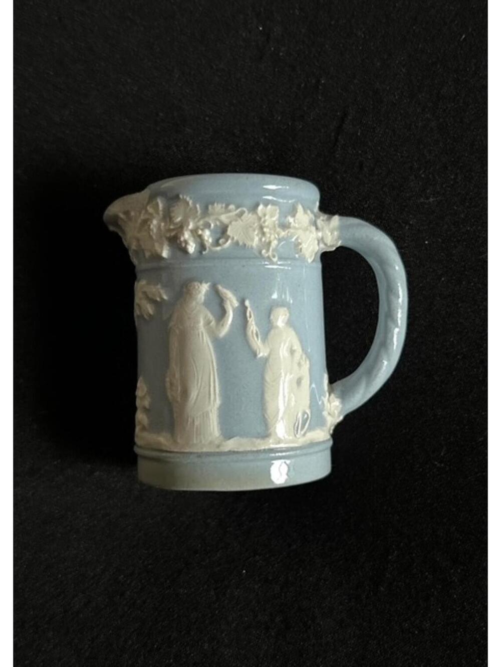 Vintage Blue Jasperware Mini Pitcher with White Relief Decoration